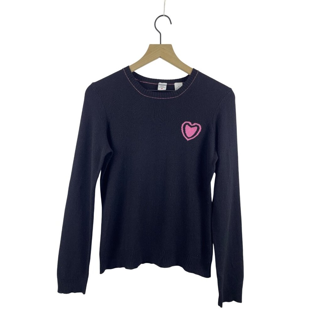 Real Clothes Women's Small Cashmere SIlk Blend Pink Black Heart Crew Sweater